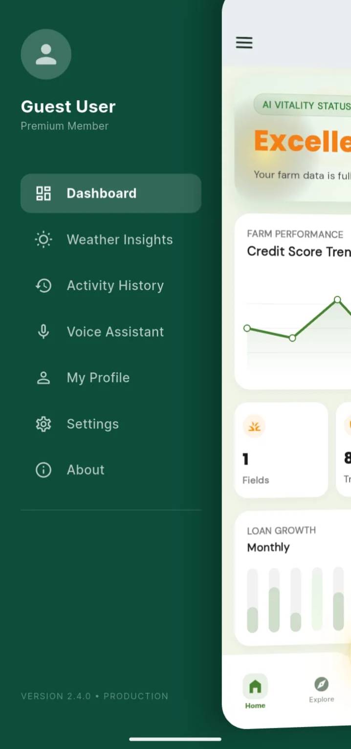 TATVA side navigation drawer with Dashboard, Weather Insights, Activity History, and Voice Assistant