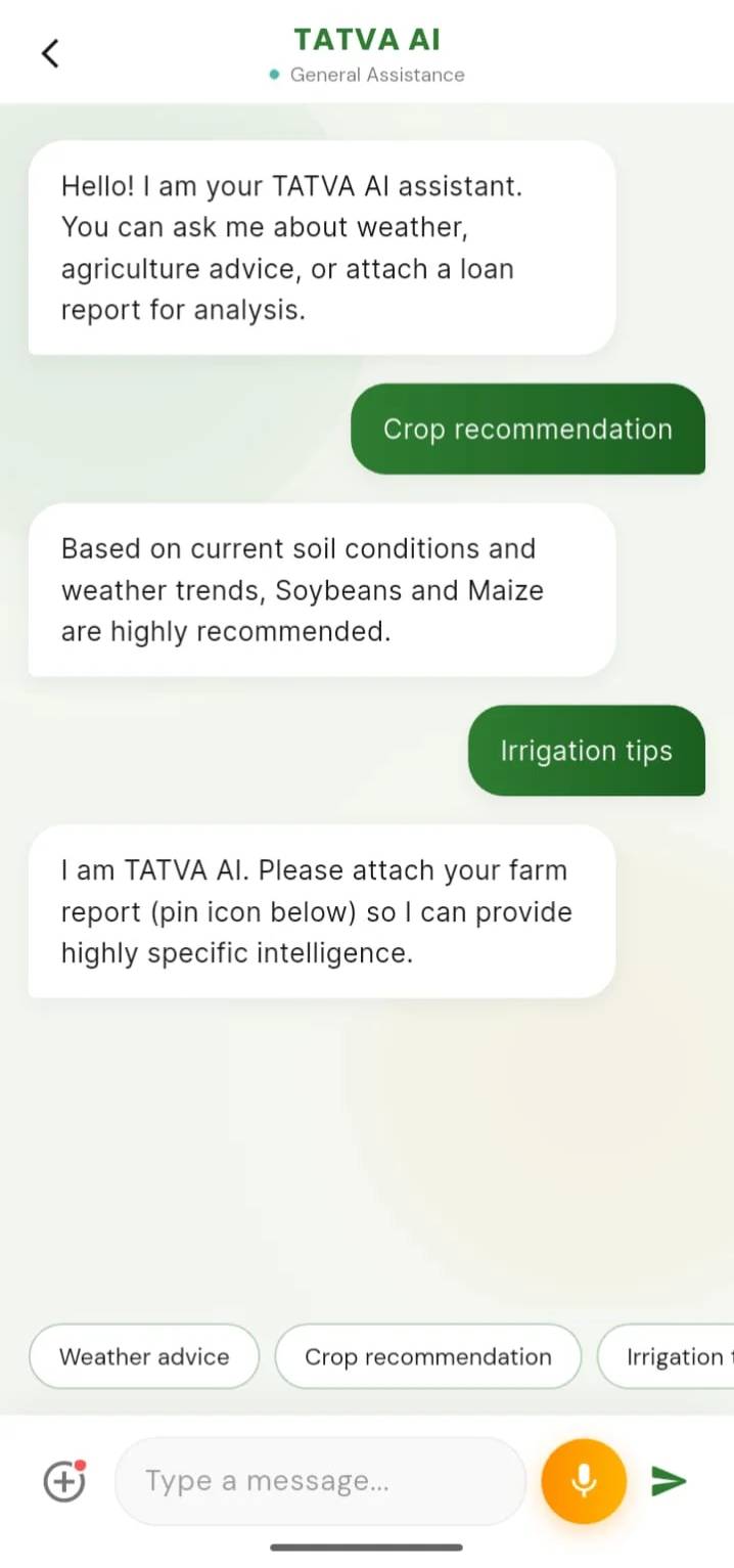 TATVA AI chat offering crop recommendations, irrigation guidance, and farm report analysis