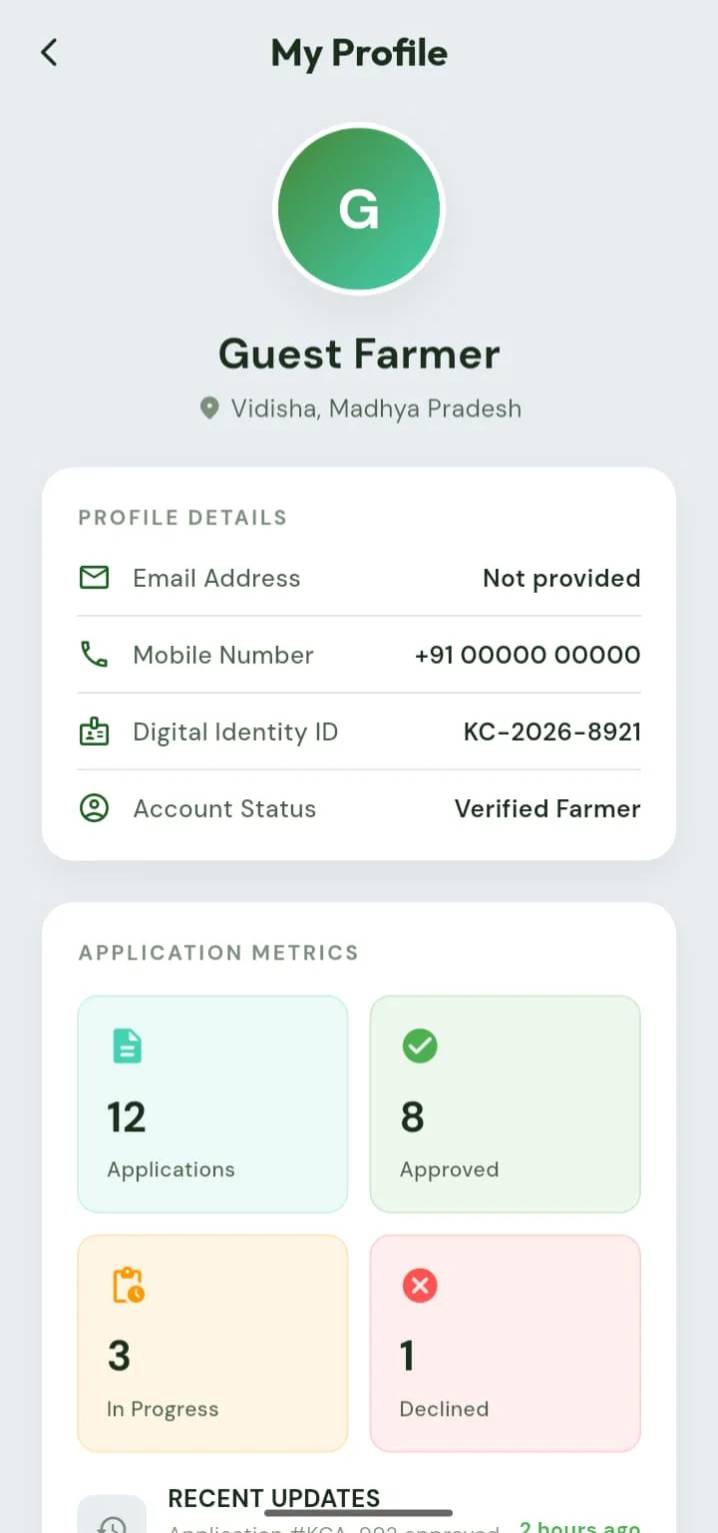 TATVA My Profile screen showing farmer identity, application metrics, and recent updates