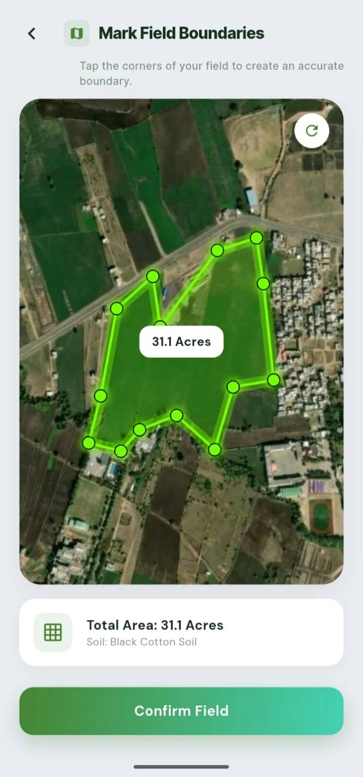 TATVA Mark Field Boundaries screen with polygon drawing on satellite imagery and acreage display