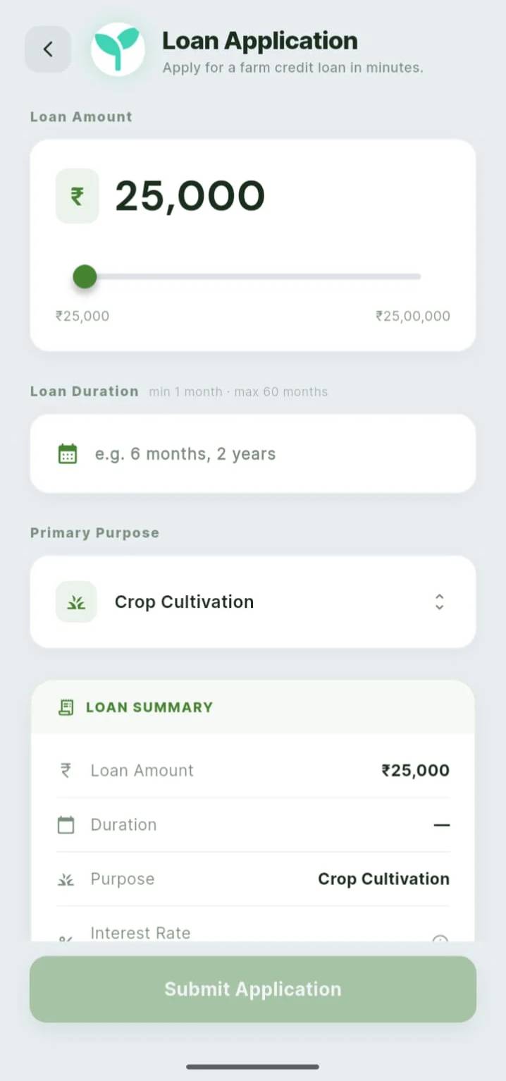 TATVA Loan Application screen with amount slider, duration, purpose, and live loan summary