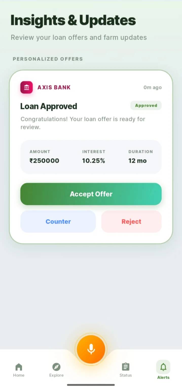 TATVA Insights and Updates screen with Axis Bank loan approved offer showing amount, interest, and duration