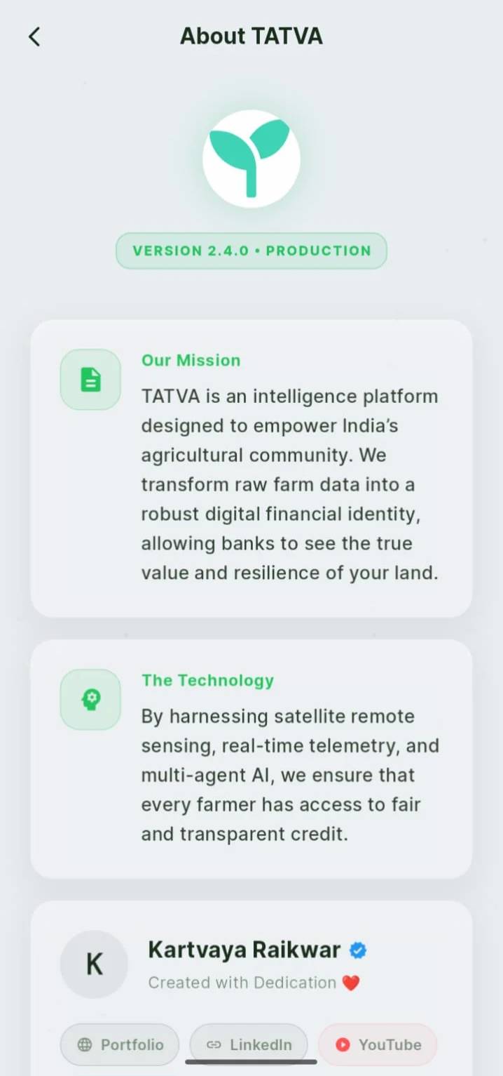 TATVA About screen with mission, technology, and creator information