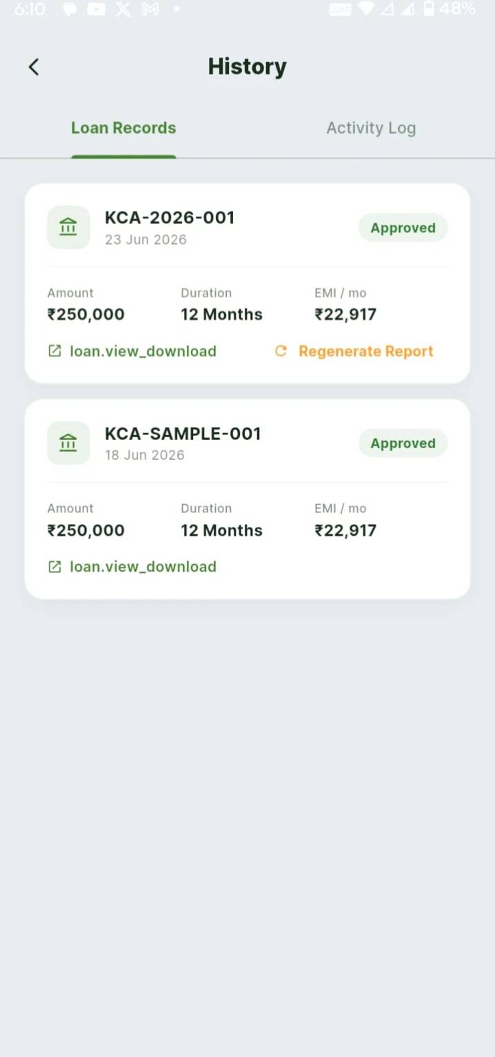 TATVA History screen with loan records showing amount, duration, EMI, and download actions