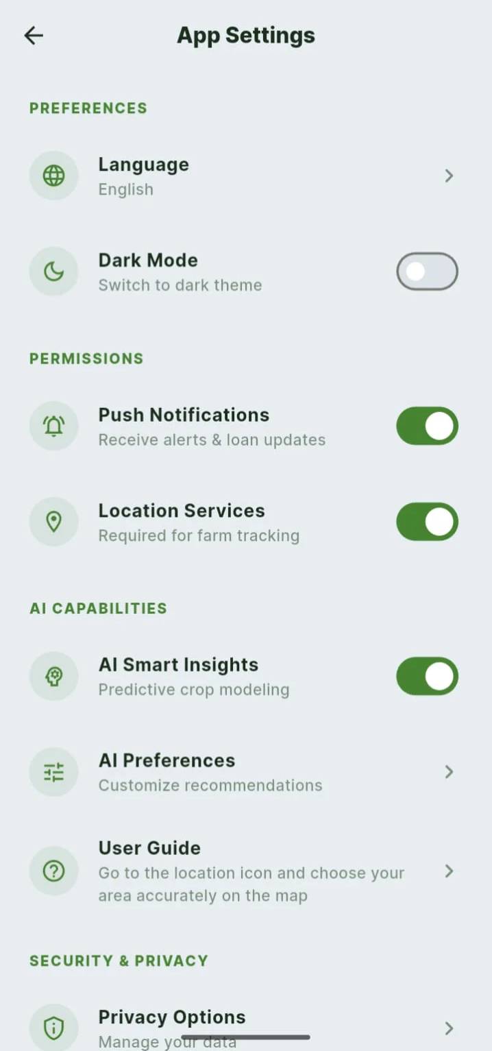 TATVA App Settings screen with language, dark mode, notifications, location, and AI preferences